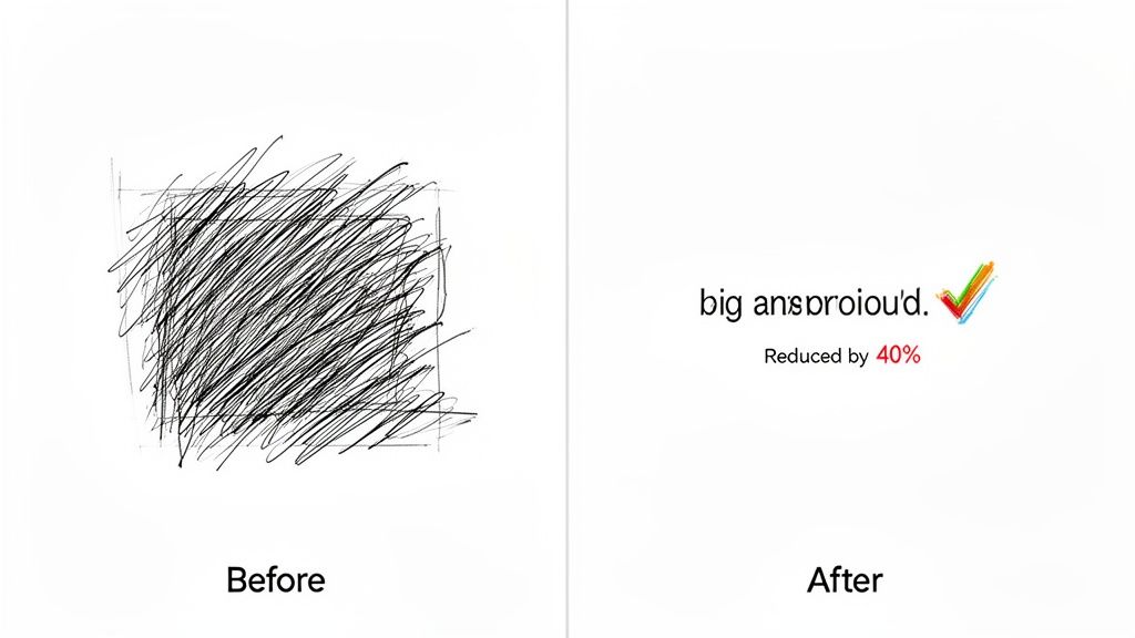 Before-and-after image showing messy scribbles transformed into concise text with a 40% reduction.