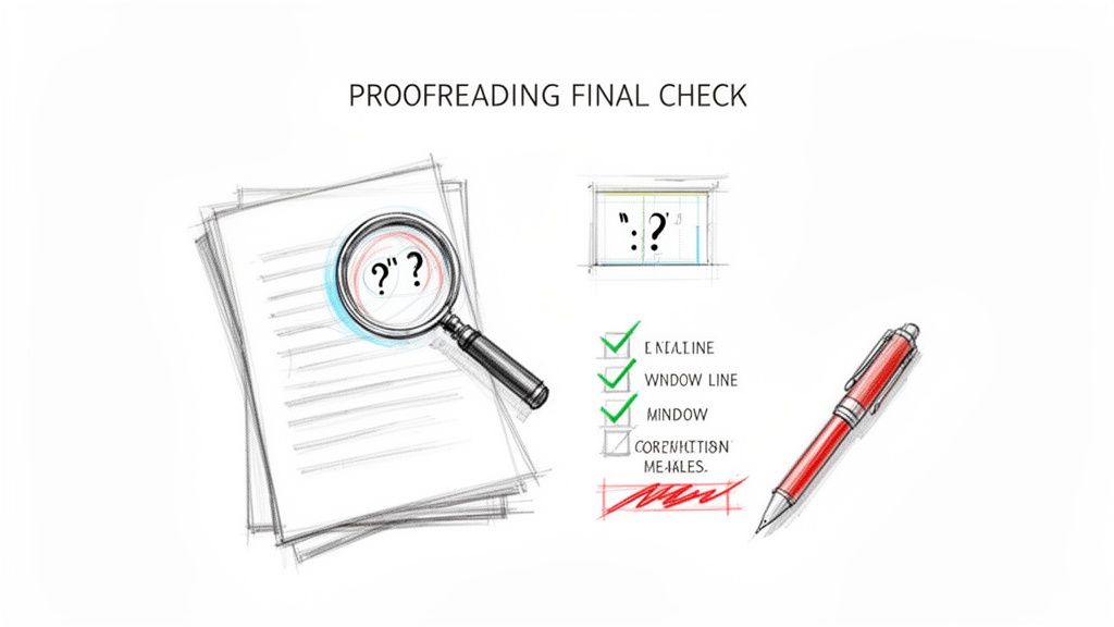 An illustration depicting a proofreading final check with a magnifying glass, checklist, and red pen.