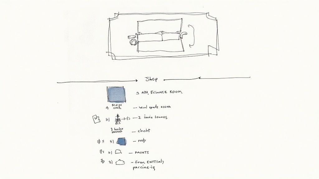 Hand-drawn sketch illustrating a room layout with furniture and a list of design items for a shop.