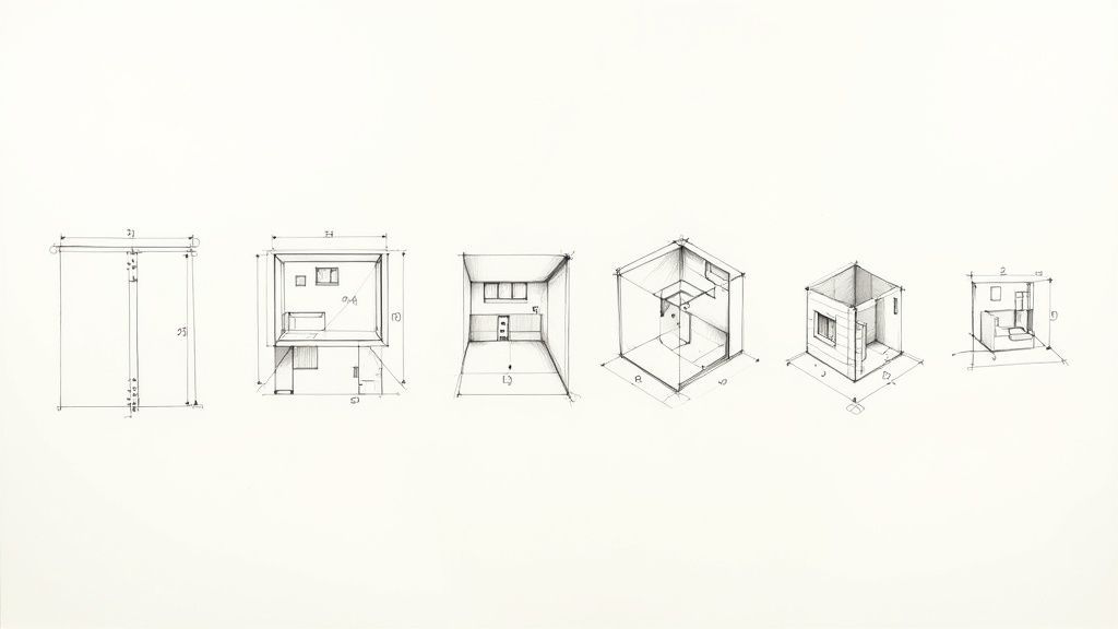 Six hand-drawn architectural sketches exploring various interior room configurations and design perspectives.