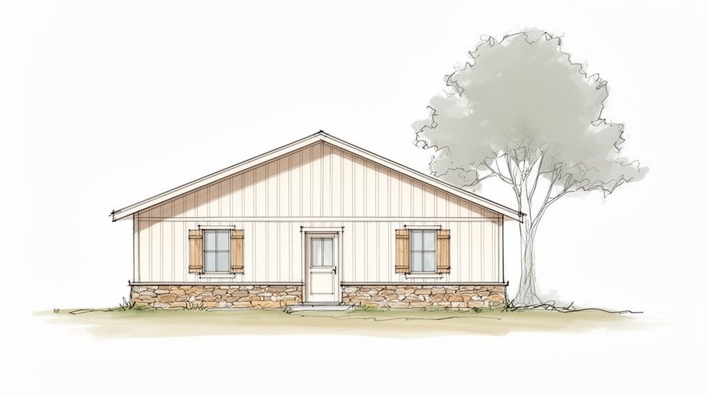 A rustic farmhouse drawing featuring a gabled roof, vertical siding, stone foundation, and a tree.