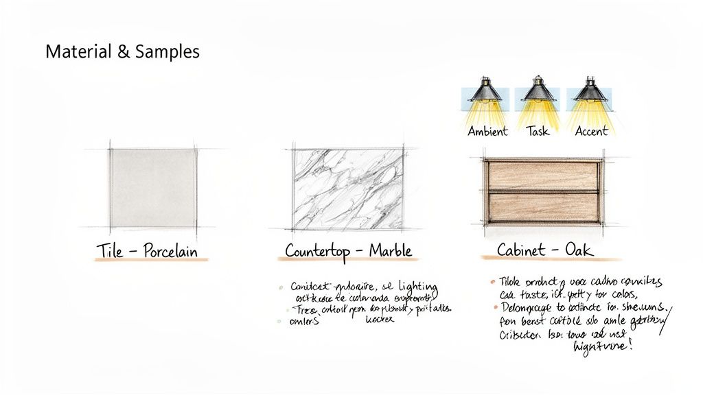 A design board displaying material samples: porcelain tile, marble countertop, oak cabinets, and lighting types.