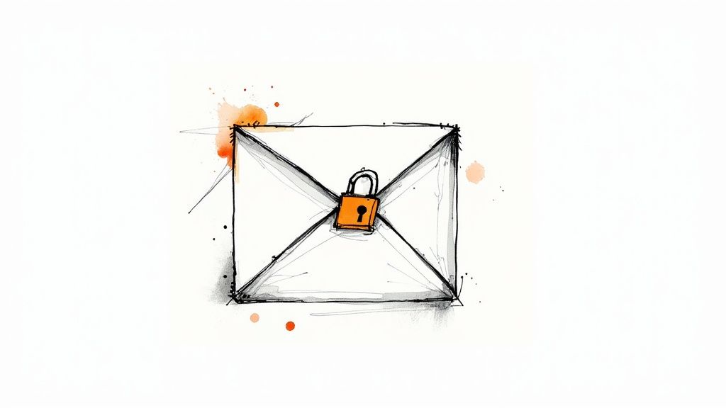 Illustration of a digital lock on an envelope, symbolizing email security.