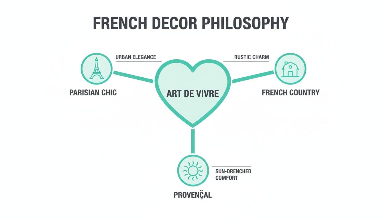 A diagram illustrating French decor philosophy with 'Art de Vivre' at its heart, linking Parisian Chic, French Country, and Provençal styles.
