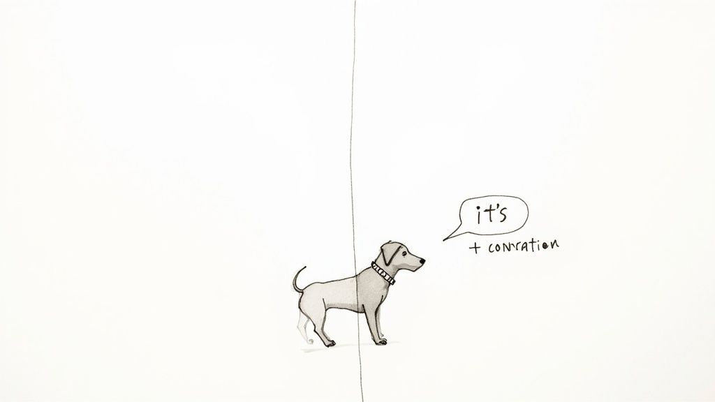 A cartoon dog with a speech bubble saying "it's + conrvation", illustrating a word misuse.