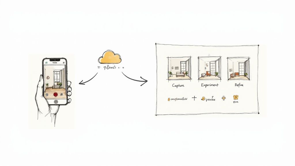 Diagram illustrates smartphone room capture, cloud processing, and AI-powered interior design stages: Capture, Experiment, Refine.