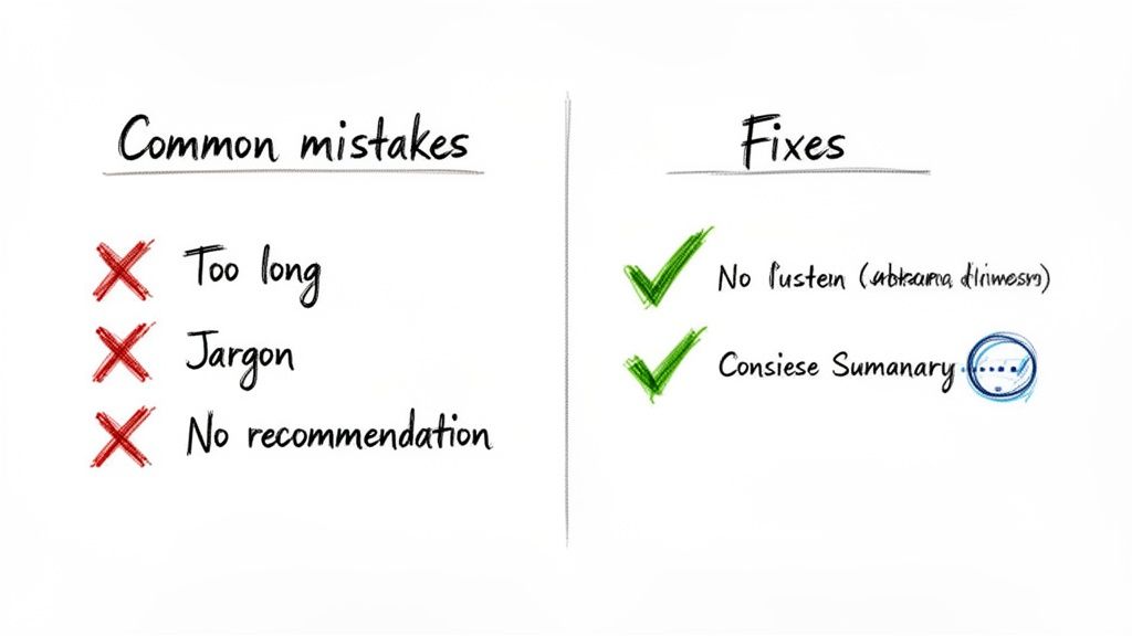 A whiteboard list showing common communication mistakes like jargon and being too long, with effective fixes.