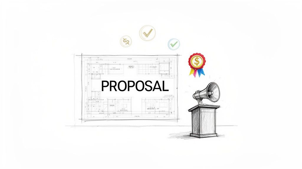 A sketched blueprint with “PROPOSAL” text, financial icons, checkmarks, and a megaphone on a podium.