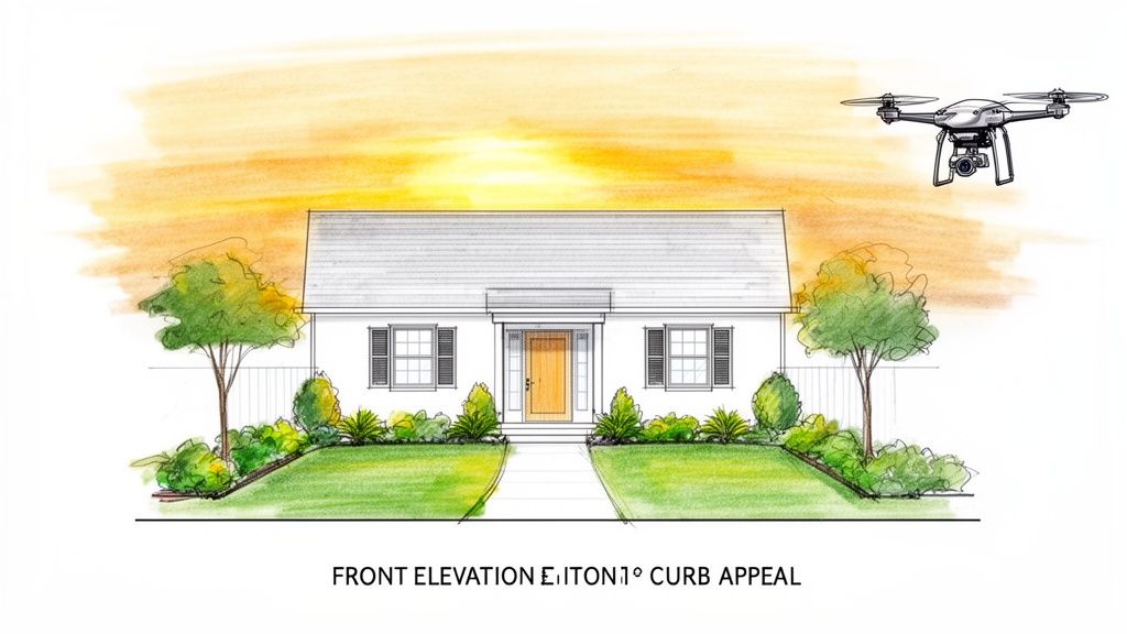 An illustration of a house with lush landscaping and a drone flying overhead, depicting front elevation curb appeal.