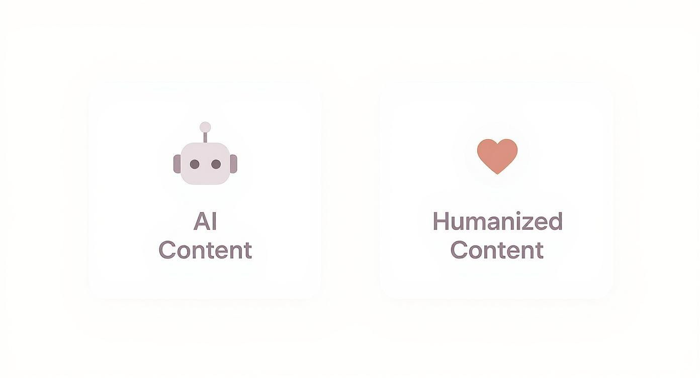 Comparison of AI generated content versus humanized content with robot and heart icons
