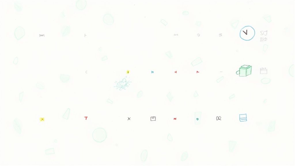 A white background with scattered, colorful, hand-drawn letters, symbols, and abstract shapes.