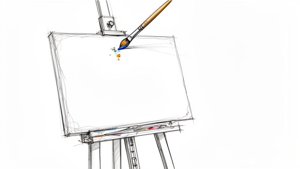 A whimsical sketch of an artist's easel with a blank canvas and a paintbrush applying blue paint, creating colorful splatters.