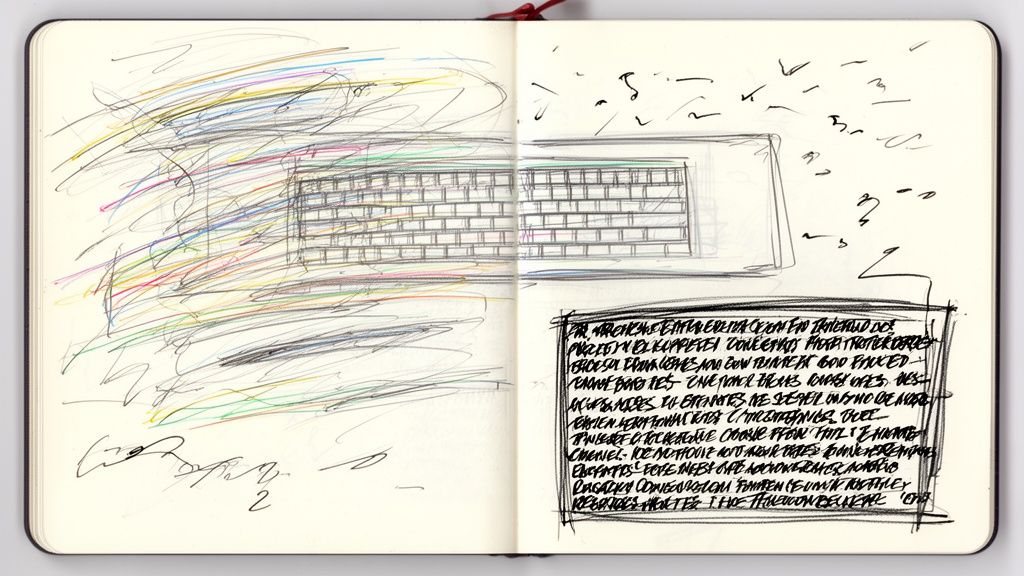 An open notebook page filled with colorful scribbles, keyboard sketches, and dense handwritten notes.