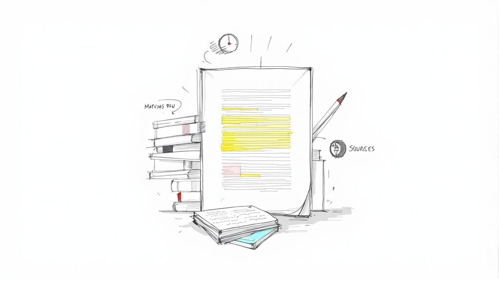A magnifying glass hovering over a document, symbolizing Turnitin's detailed similarity check.