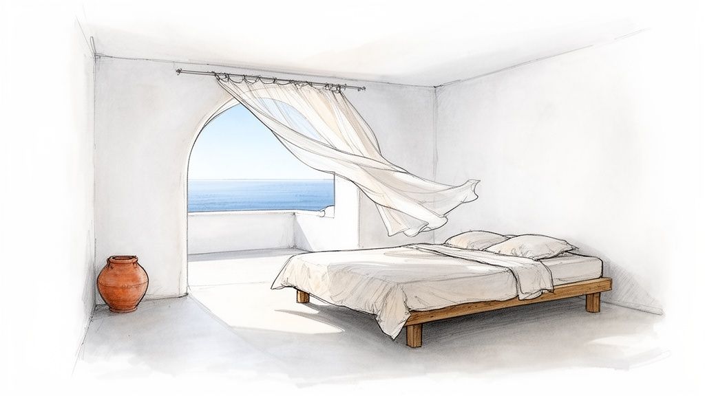 A minimalist Mediterranean bedroom with an arched window, flowing curtains, a simple bed, and a sea view.