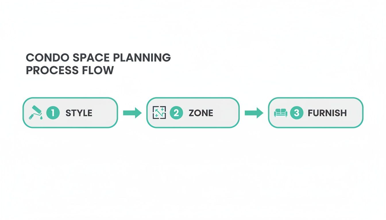 A visual process flow diagram for condo space planning, showing steps: 1 Style, 2 Zone, and 3 Furnish.
