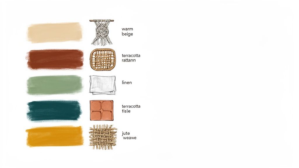 A bohemian-inspired color palette showcasing natural materials like macrame, rattan, linen, terracotta, and jute weaves.