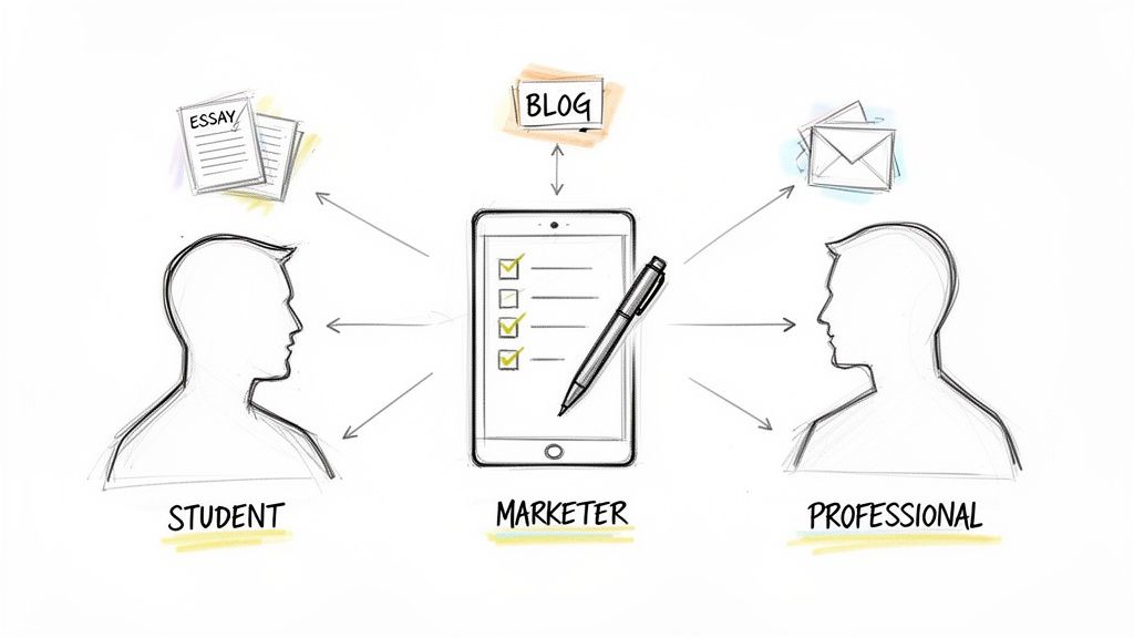 Illustration of a marketer using a tablet and pen to connect students, professionals, and a blog for writing tasks.