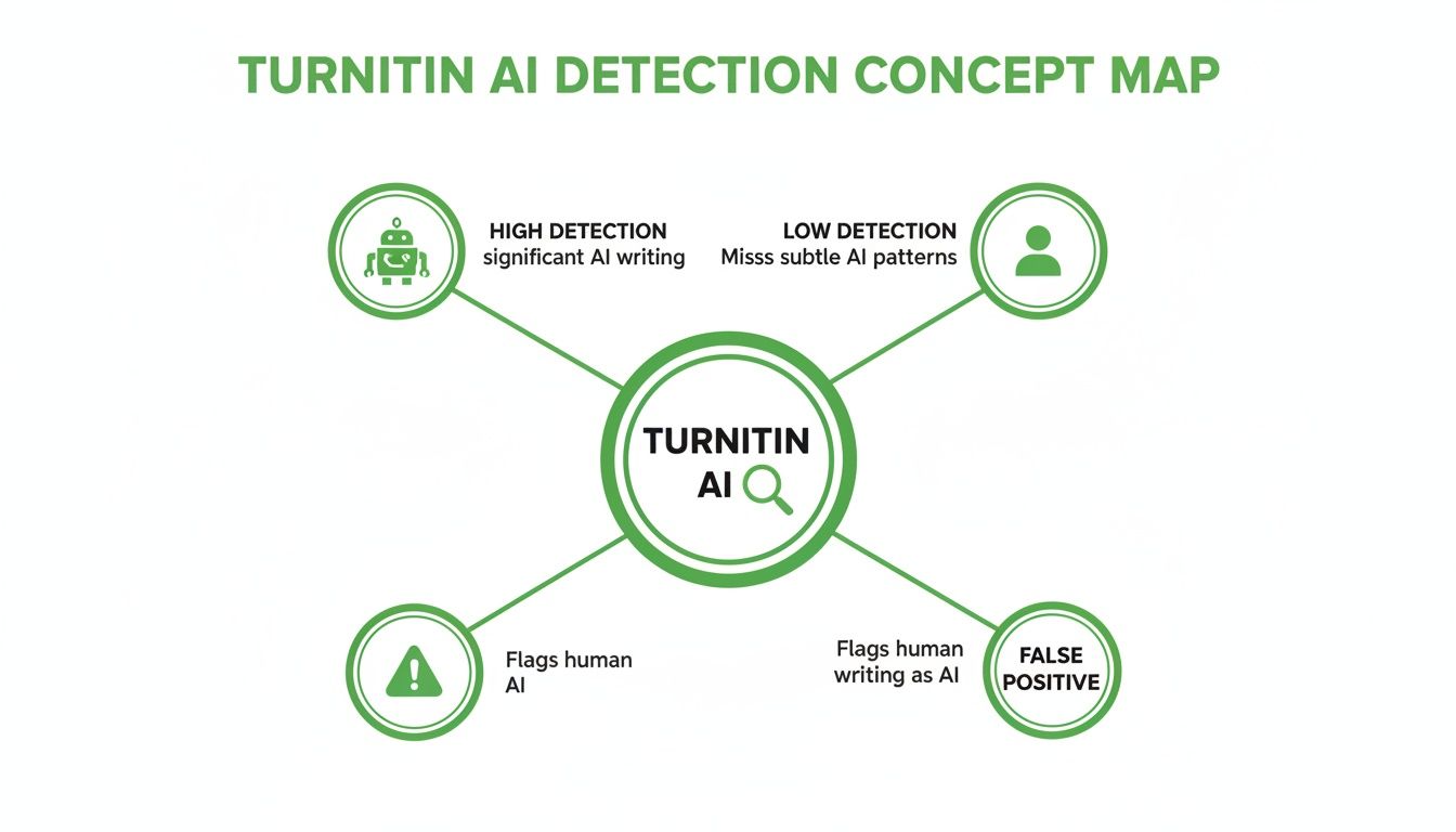 Turnitin AI detection concept map illustrating high/low detection and issues like false positives.
