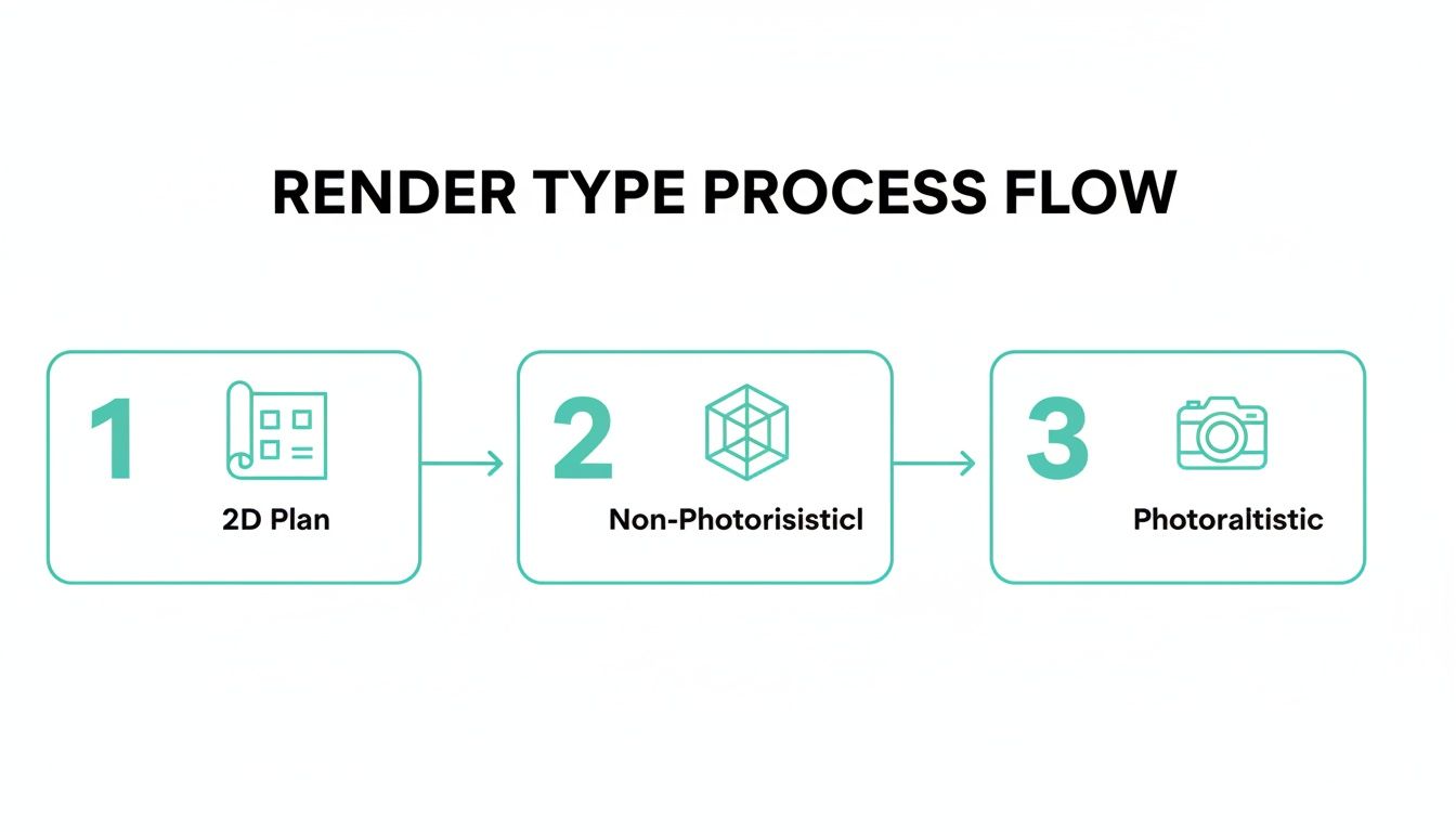 A three-step process flow showing render types: 2D Plan, Non-Photorealistic, and Photorealistic.