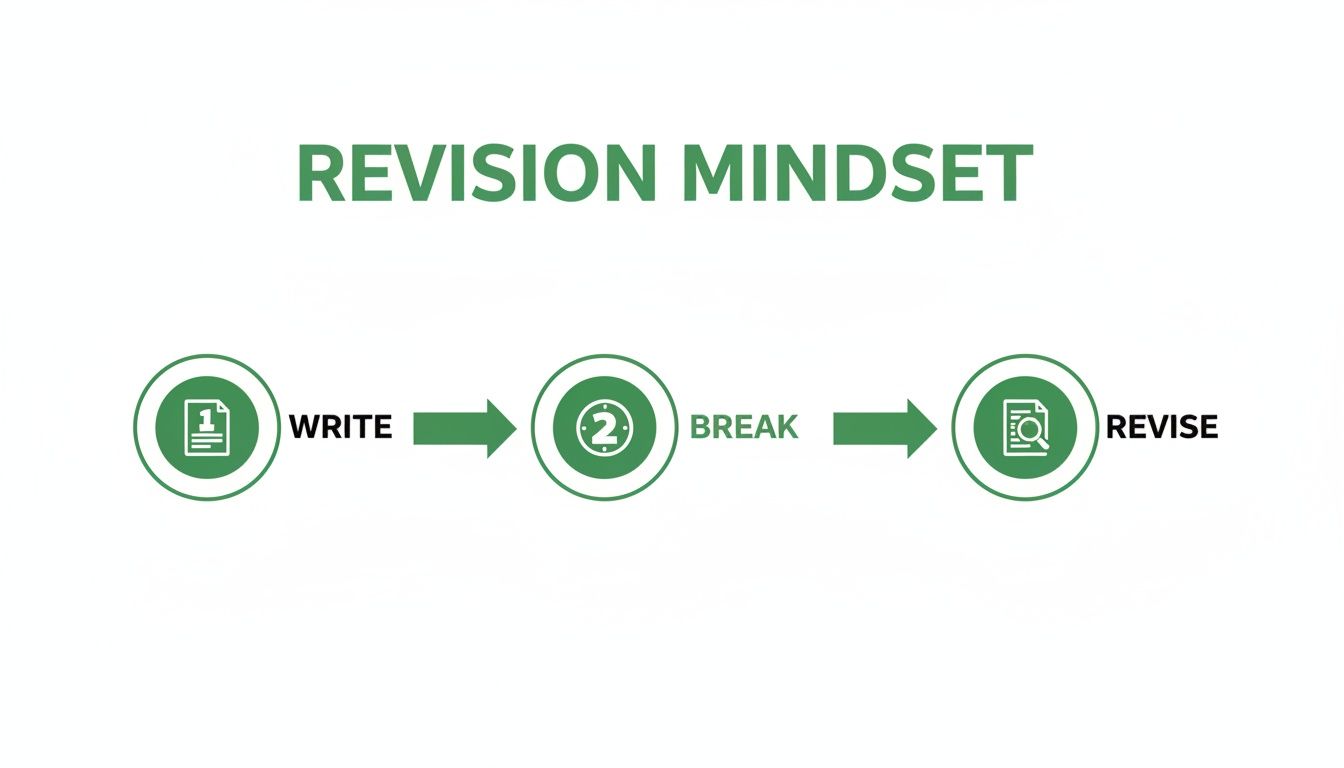 A three-step revision mindset process: Write, Break, and Revise, shown with icons and arrows.