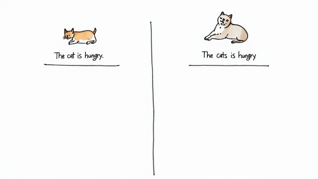A drawing with two panels, each showing a cat and a sentence about being hungry, illustrating subject-verb agreement.