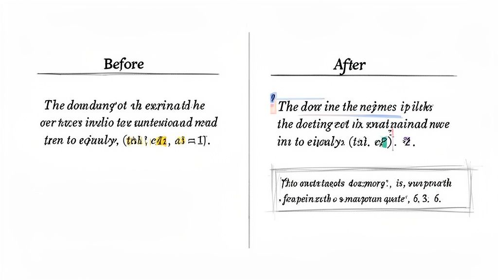 A side-by-side comparison of text blocks titled 'Before' and 'After', featuring stylized font and parenthetical citations.