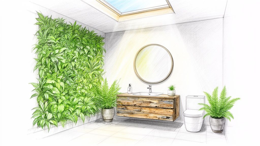 A hand-drawn sketch of a modern bathroom featuring a vibrant green living wall and a wooden vanity.