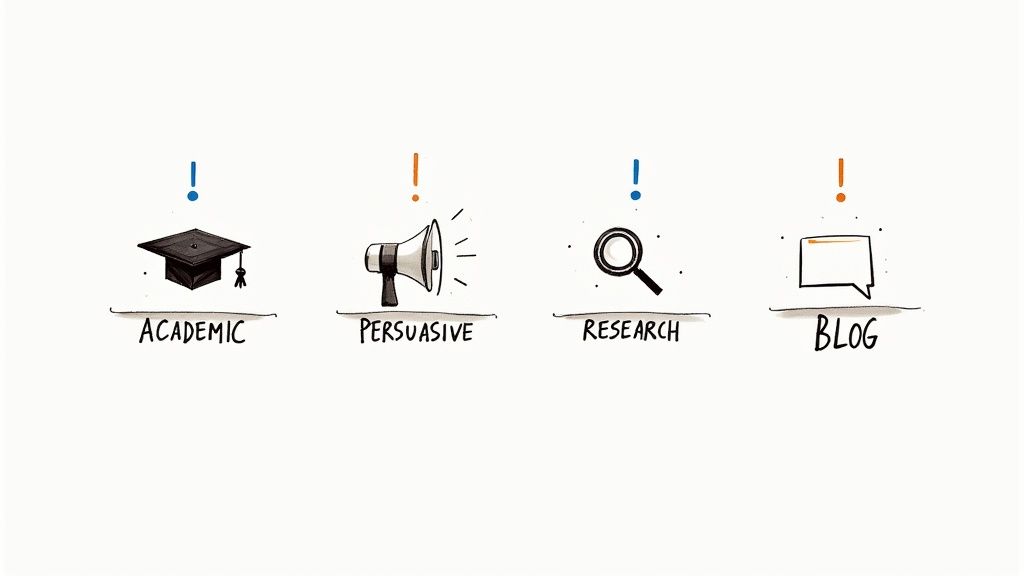 Four distinct icons represent different types of writing: academic, persuasive, research, and blog.