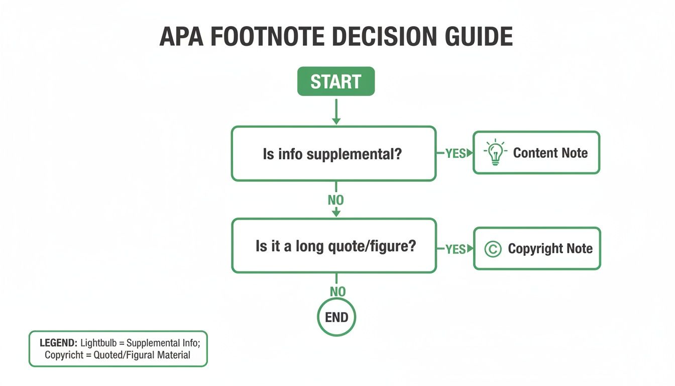 Flowchart guiding the decision to use APA content or copyright footnotes based on information type.