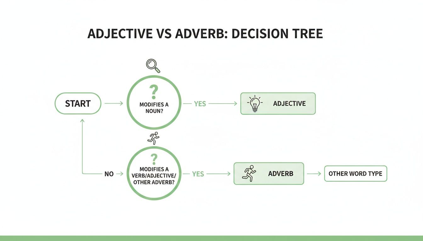 A decision tree flow chart explaining how to distinguish between adjectives and adverbs.