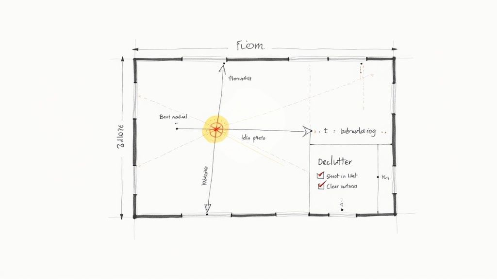 Hand-drawn floor plan sketch showing room dimensions, a central photo position, and a decluttering checklist.