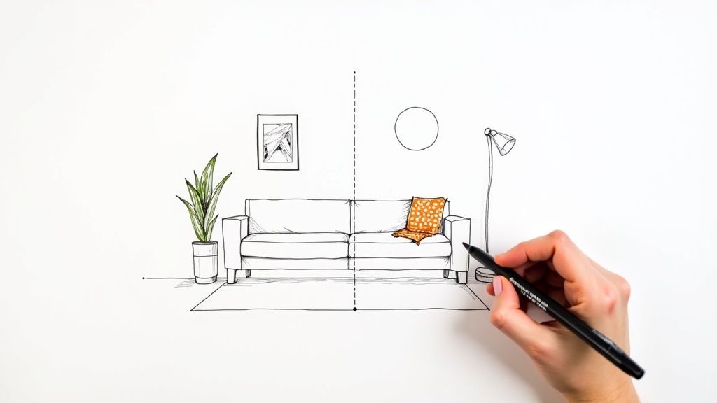 A hand draws a modern living room sketch on white paper, showing elements of interior design like a sofa, plant, and lamp.