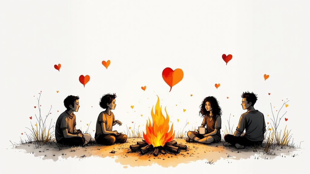 A person telling a story to an engaged group around a campfire, symbolizing the power of narrative writing.