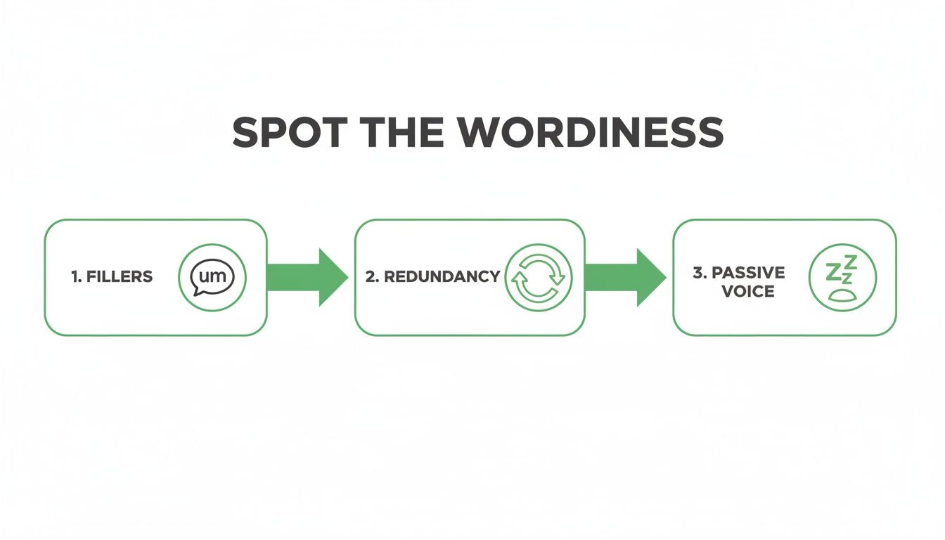An infographic titled 'Spot the Wordiness' illustrating fillers, redundancy, and passive voice.