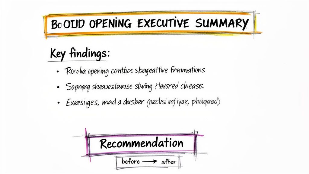 A hand-drawn executive summary with key findings and a recommendation section, showing before and after.