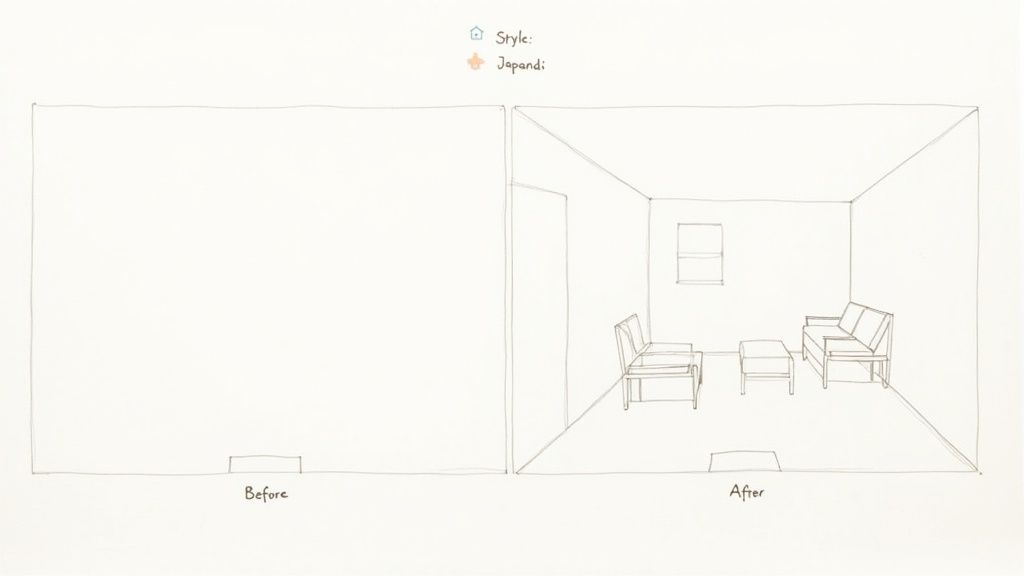Line art drawing comparing an empty room 'before' with a Japandi-style furnished room 'after'.