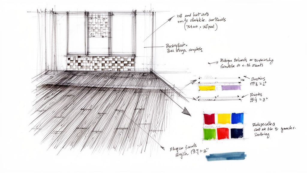 Detailed interior design sketch showing a room with tiled walls, wooden floor, and color palette.