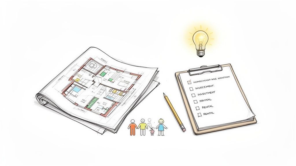 Architectural blueprints, a family, a checklist with property options, and a glowing lightbulb.
