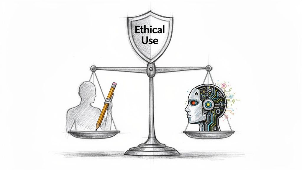 A scale balances a human with a pencil and an AI robot head, with 'Ethical Use' on a shield.