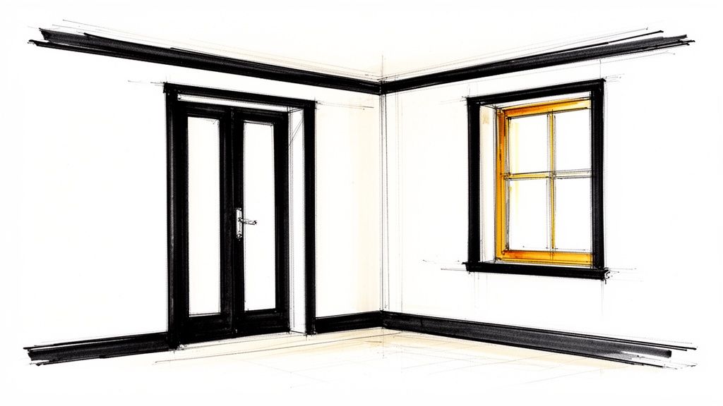 Architectural sketch of an interior room corner with a dark-trimmed door and window.