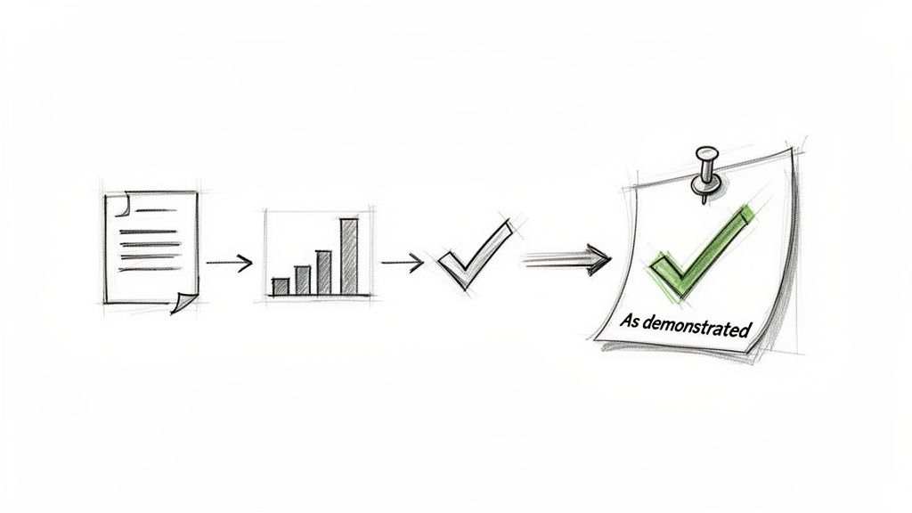 Hand-drawn sketch showing a document leading to a bar chart, then a checkmark, ending with a confirmed demonstration.