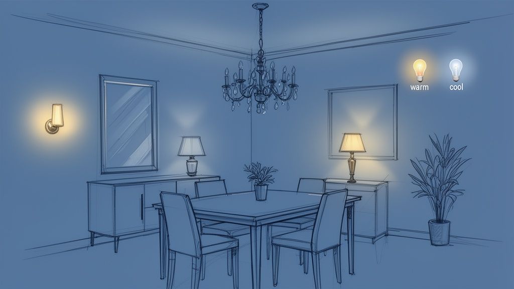 Illustration of a blue dining room sketch featuring warm lighting and different light bulb color temperatures.
