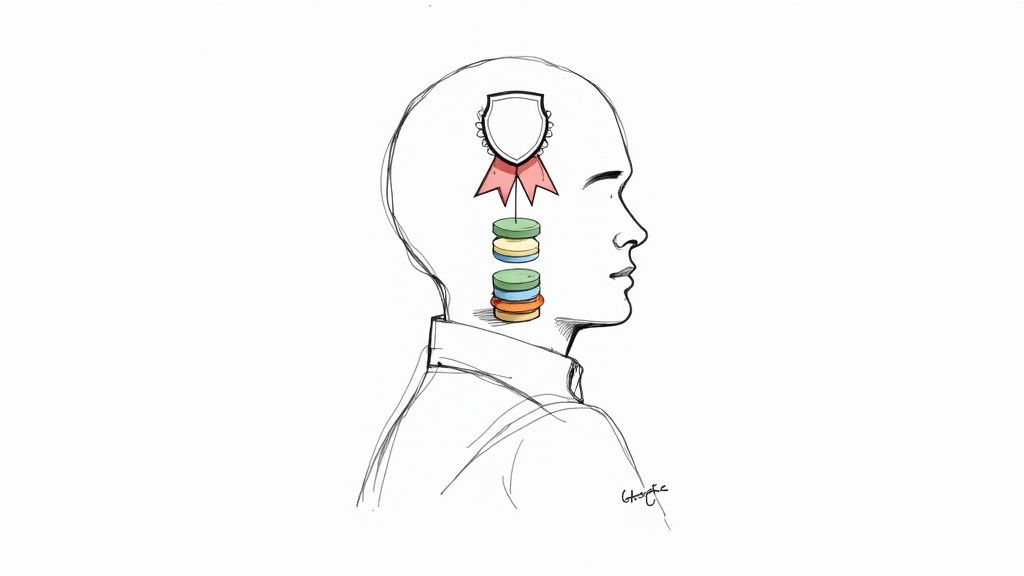 A sketch of a human head containing a medal and stacks of colorful discs, representing knowledge and achievement.