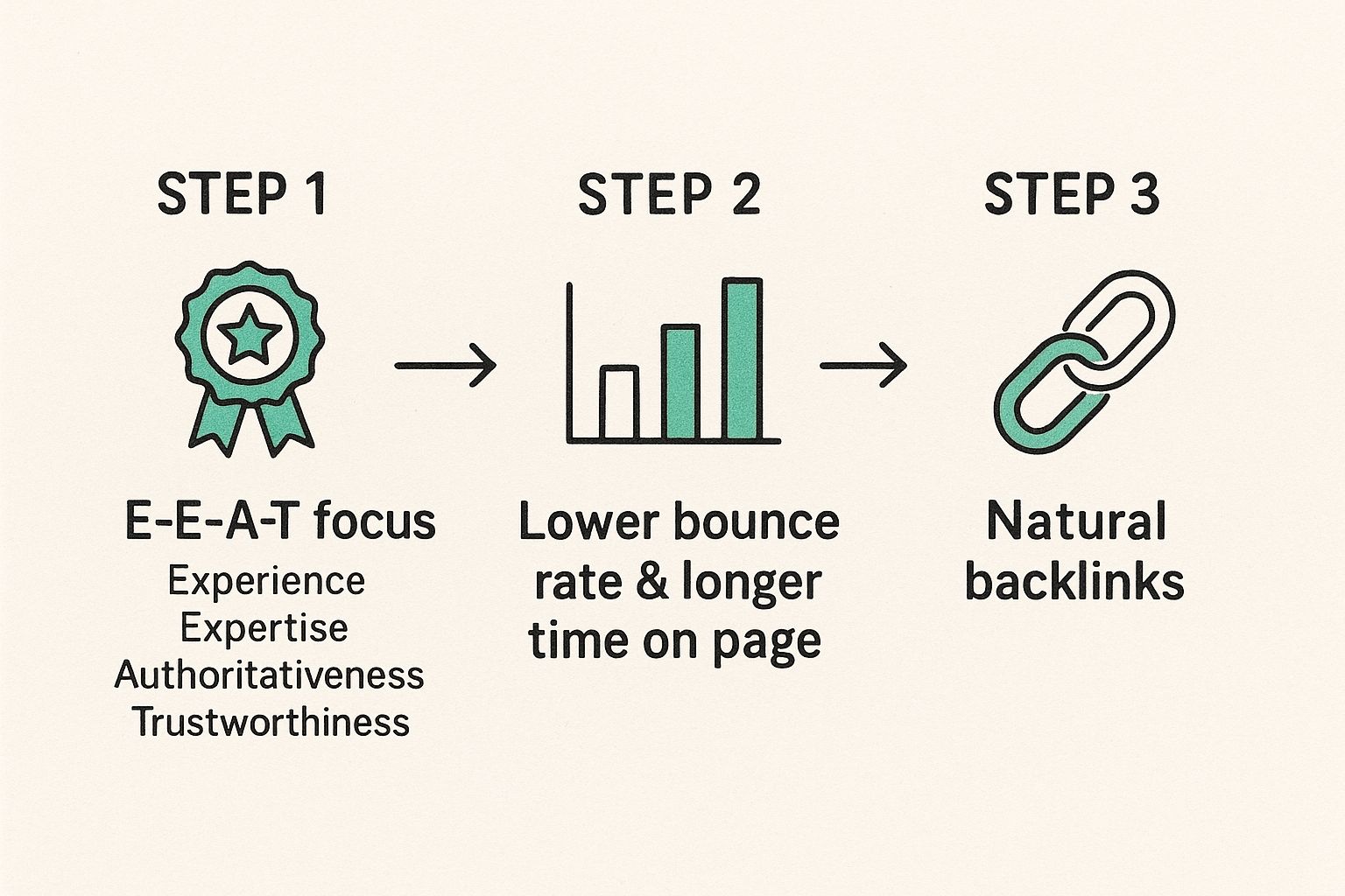 An infographic showing the SEO benefits of humanized AI text, starting with E-E-A-T focus, leading to lower bounce rates and longer time on page, and resulting in natural backlinks.