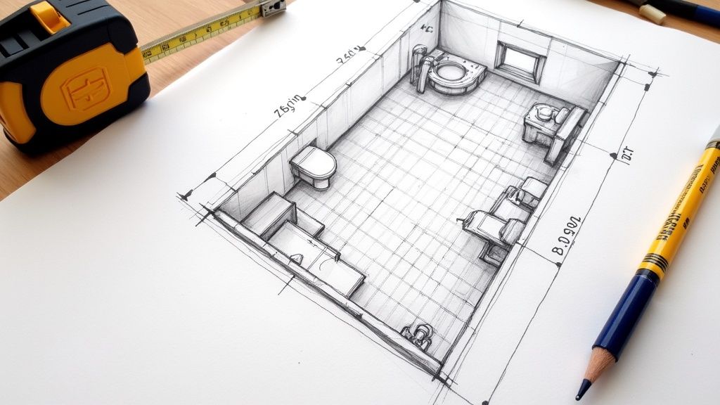 Bathroom sketch and laser measure