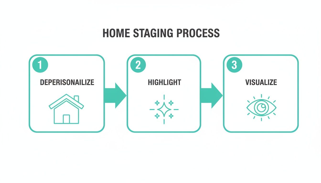 Infographic detailing the 3-step home staging process: depersonalize, highlight, and visualize.
