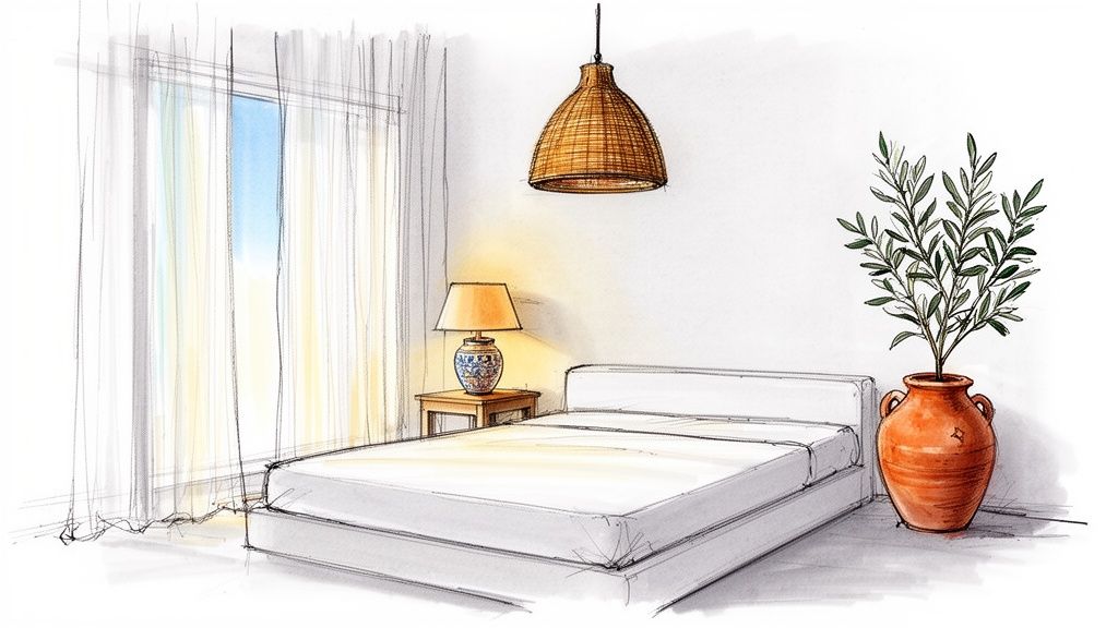 A hand-drawn sketch of a serene bedroom with a bed, woven lamp, and potted plant.