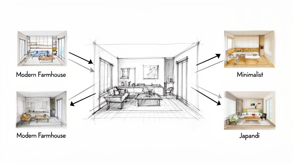 Diagram showing an architectural sketch transformed into Modern Farmhouse, Minimalist, and Japandi interior designs.