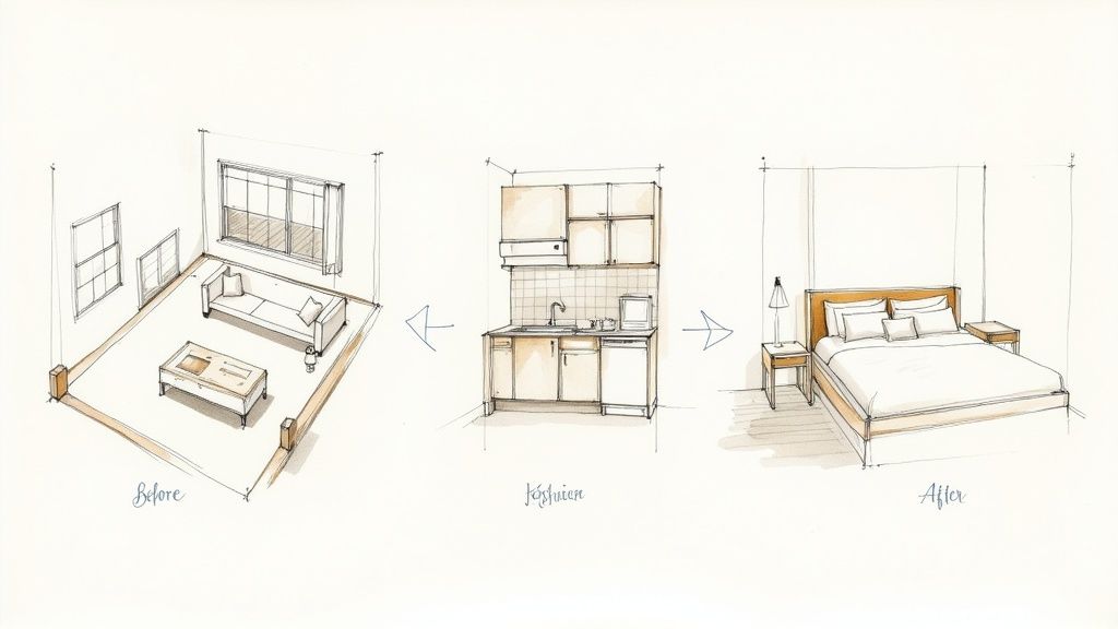 Hand-drawn sketches illustrating interior design transformation: a living room, a kitchen, and a bedroom.